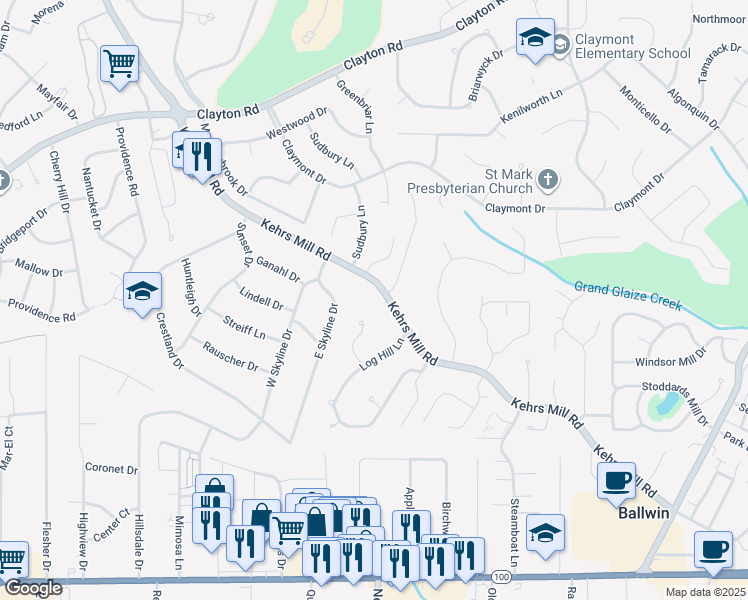map of restaurants, bars, coffee shops, grocery stores, and more near 662 Kehrs Mill Road in Ballwin