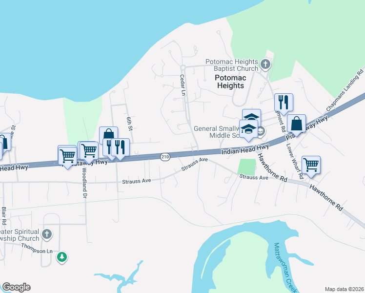 map of restaurants, bars, coffee shops, grocery stores, and more near 4800 Indian Head Highway in Indian Head