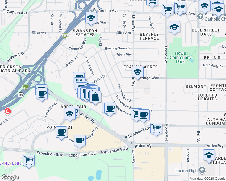 map of restaurants, bars, coffee shops, grocery stores, and more near 2016 Middleberry Road in Sacramento