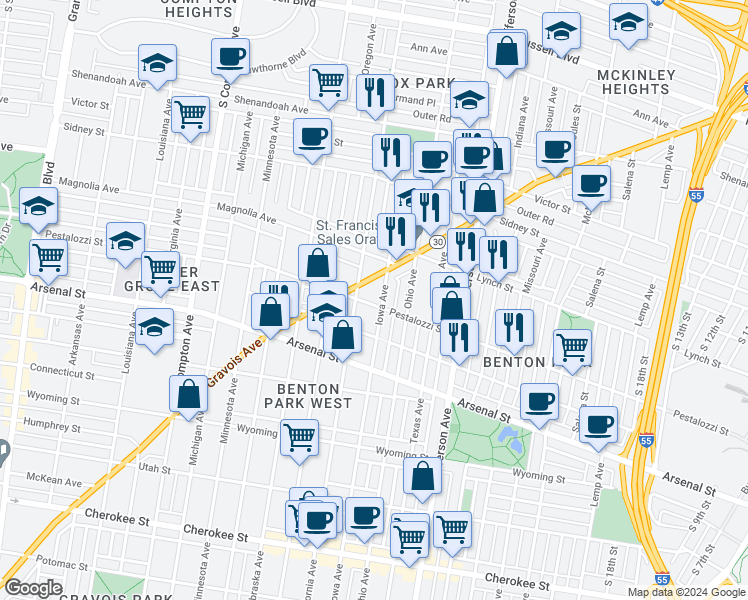 map of restaurants, bars, coffee shops, grocery stores, and more near 2846 California Avenue in St. Louis