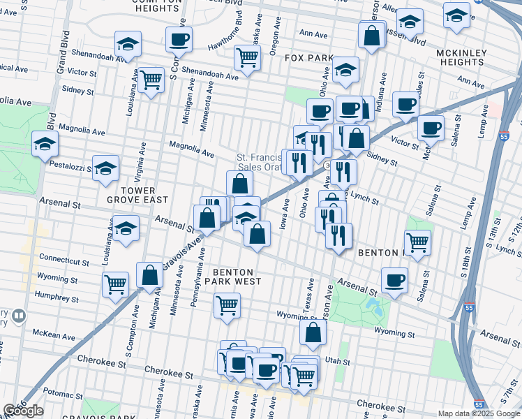 map of restaurants, bars, coffee shops, grocery stores, and more near 2846 California Avenue in St. Louis