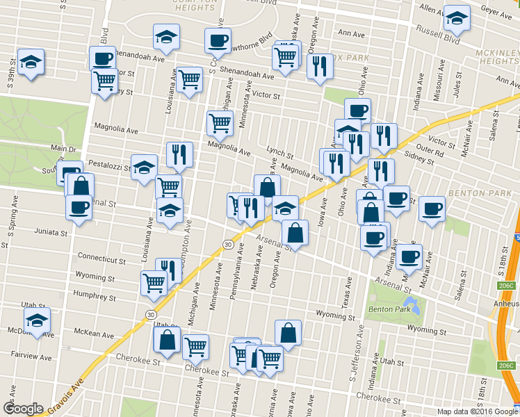 map of restaurants, bars, coffee shops, grocery stores, and more near 2915 Nebraska Avenue in St. Louis
