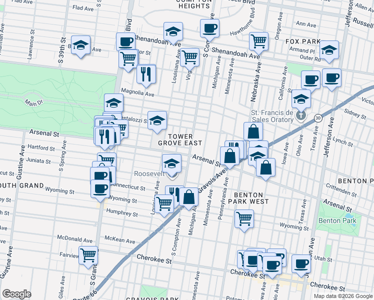 map of restaurants, bars, coffee shops, grocery stores, and more near 3011 South Compton Avenue in St. Louis