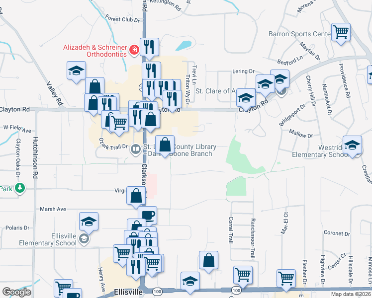 map of restaurants, bars, coffee shops, grocery stores, and more near 1218 Field Avenue in Ellisville
