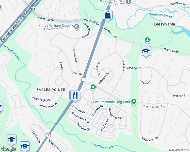 map of restaurants, bars, coffee shops, grocery stores, and more near 2853 Compass Circle in Woodbridge