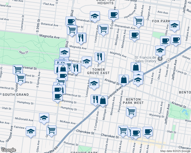 map of restaurants, bars, coffee shops, grocery stores, and more near 2918 Louisiana Avenue in St. Louis