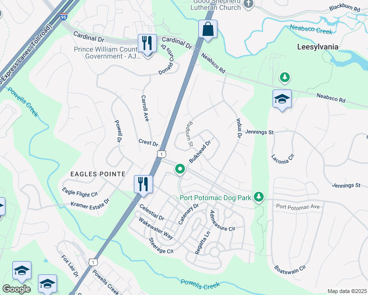 map of restaurants, bars, coffee shops, grocery stores, and more near 2853 Compass Circle in Woodbridge
