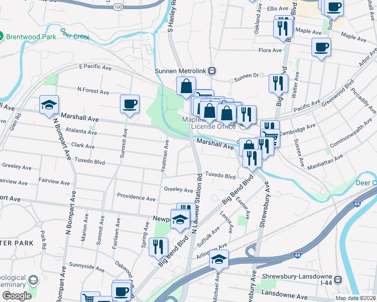 map of restaurants, bars, coffee shops, grocery stores, and more near 752 North Laclede Station Road in Webster Groves