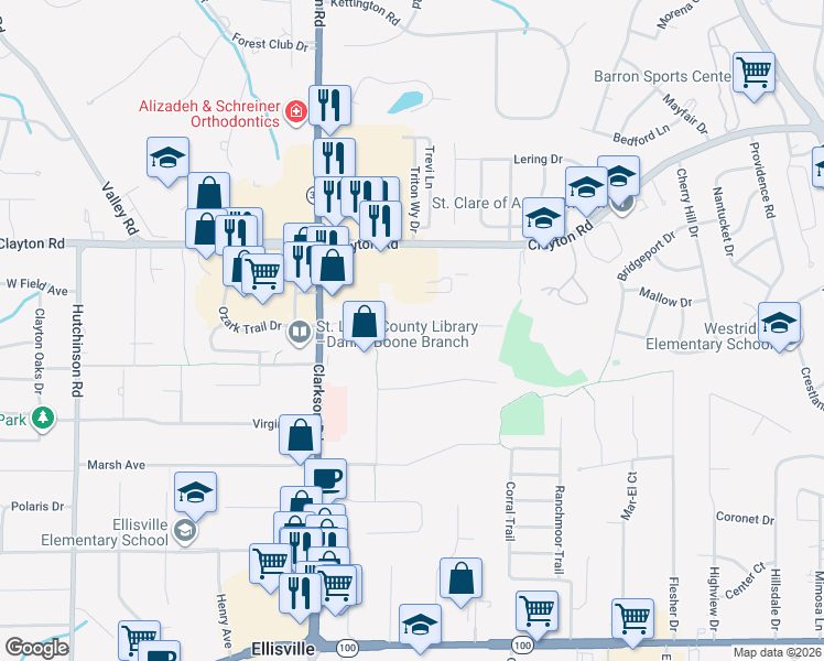 map of restaurants, bars, coffee shops, grocery stores, and more near 1218 Field Avenue in Ellisville
