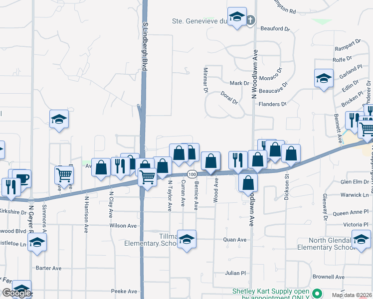 map of restaurants, bars, coffee shops, grocery stores, and more near 1234 Lynchester Lane in Kirkwood