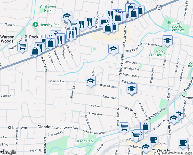 map of restaurants, bars, coffee shops, grocery stores, and more near 525 Bahia Drive in St. Louis