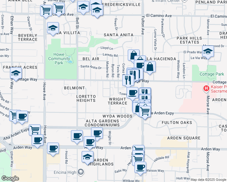 map of restaurants, bars, coffee shops, grocery stores, and more near 2020 Wright Street in Sacramento