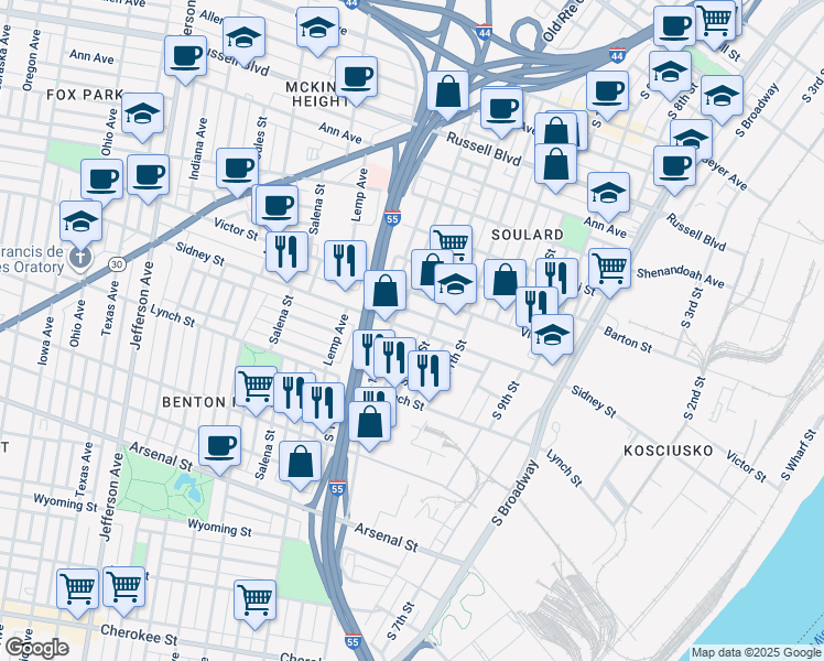 map of restaurants, bars, coffee shops, grocery stores, and more near 1221 Sidney Street in St. Louis