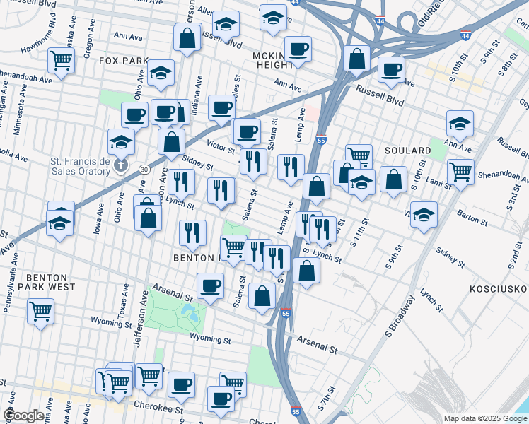 map of restaurants, bars, coffee shops, grocery stores, and more near 1944 Senate Street in St. Louis