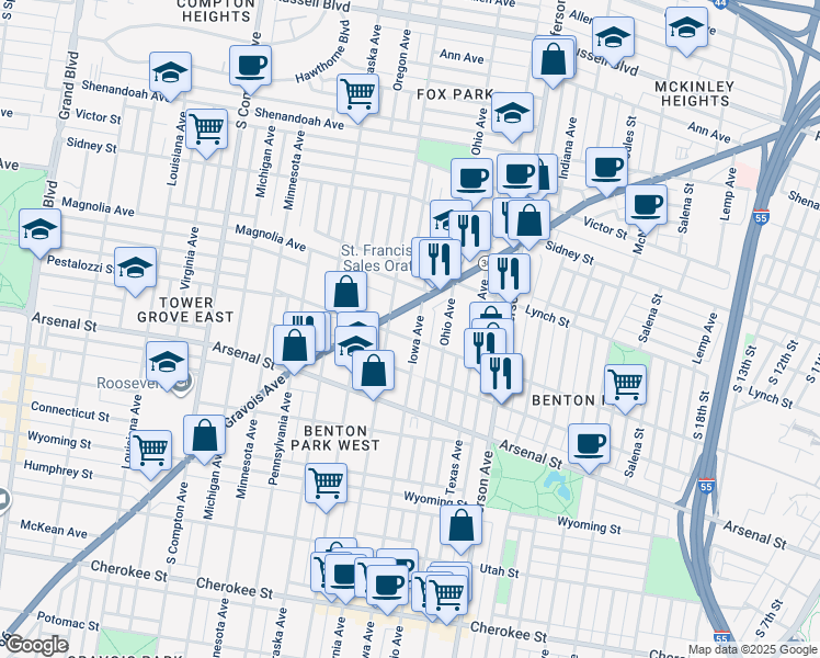 map of restaurants, bars, coffee shops, grocery stores, and more near 2846 California Avenue in St. Louis