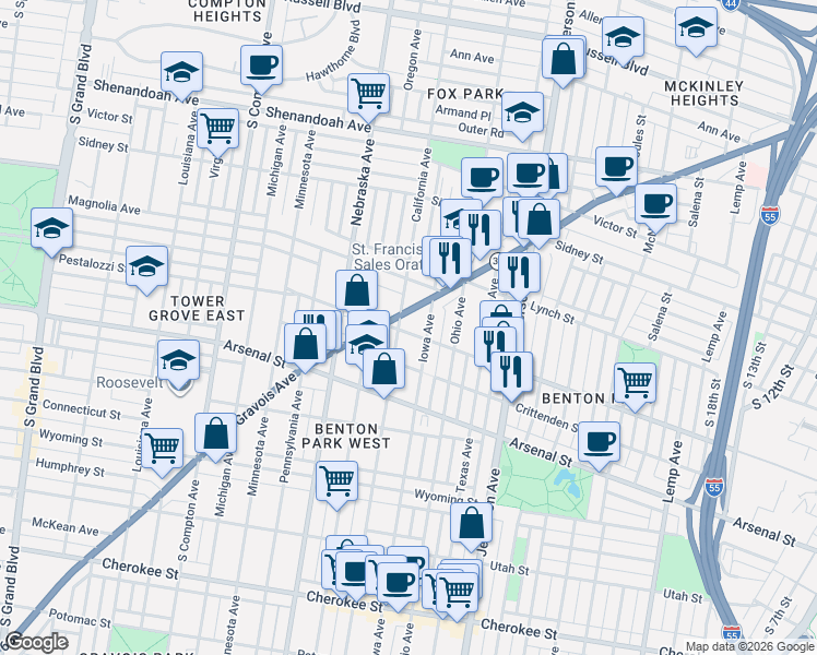 map of restaurants, bars, coffee shops, grocery stores, and more near 2846 California Avenue in St. Louis