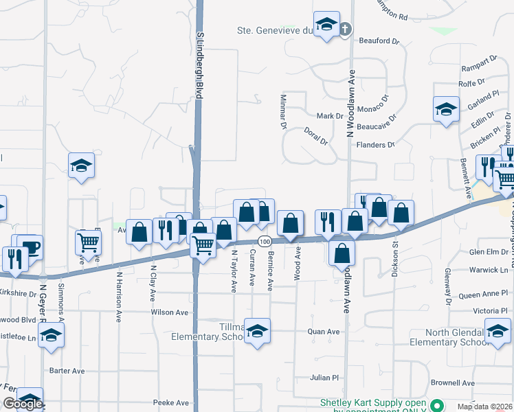map of restaurants, bars, coffee shops, grocery stores, and more near 1234 Lynchester Lane in Kirkwood