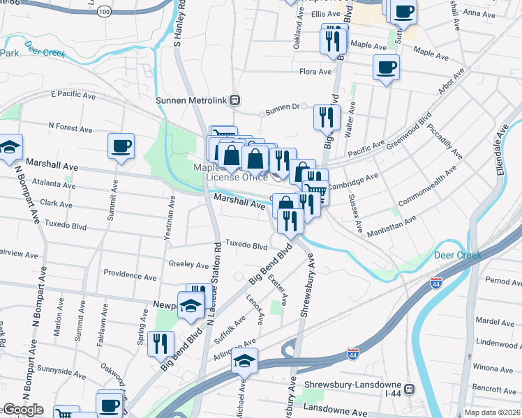 map of restaurants, bars, coffee shops, grocery stores, and more near 1046 Marshall Avenue in Webster Groves