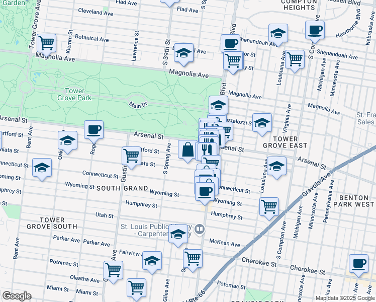 map of restaurants, bars, coffee shops, grocery stores, and more near 3657 Hartford Street in St. Louis