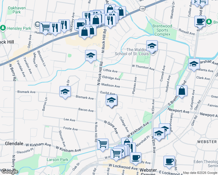 map of restaurants, bars, coffee shops, grocery stores, and more near 324 Madison Avenue in Saint Louis
