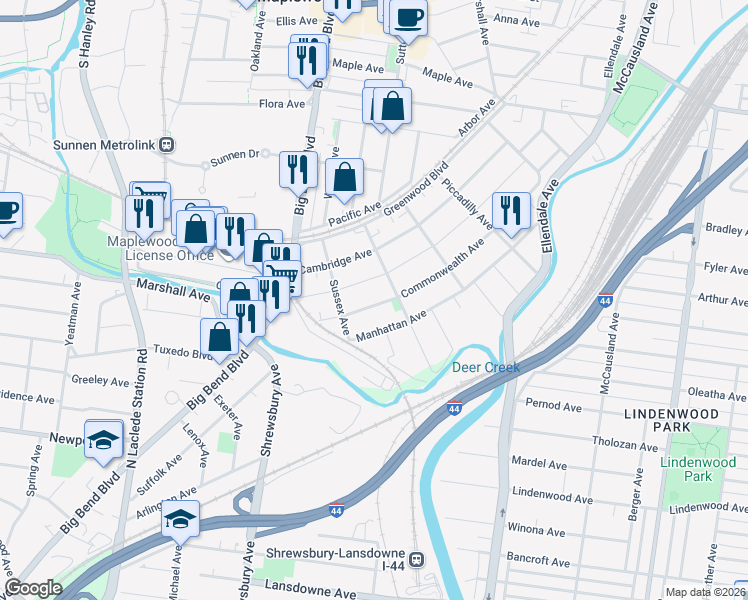 map of restaurants, bars, coffee shops, grocery stores, and more near 3611 Commonwealth Avenue in Maplewood