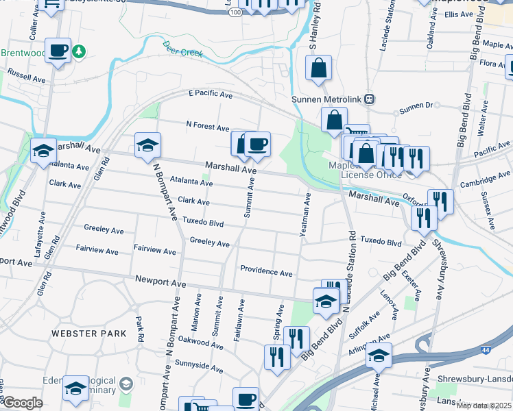 map of restaurants, bars, coffee shops, grocery stores, and more near 803 Clark Avenue in Webster Groves