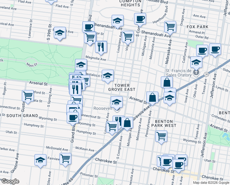 map of restaurants, bars, coffee shops, grocery stores, and more near 3317 Arsenal Street in Saint Louis
