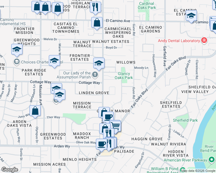 map of restaurants, bars, coffee shops, grocery stores, and more near 5252 Acorn Way in Carmichael