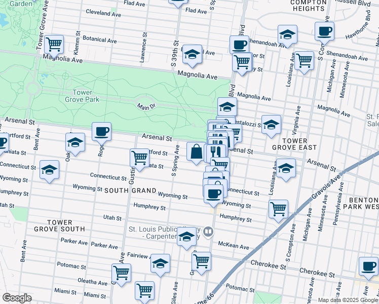 map of restaurants, bars, coffee shops, grocery stores, and more near 3657 Hartford Street in St. Louis