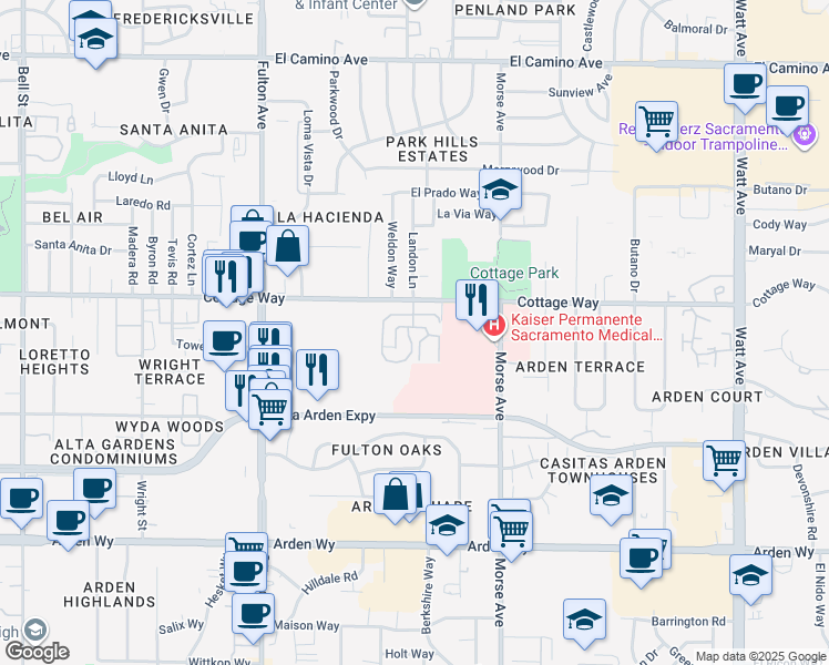 map of restaurants, bars, coffee shops, grocery stores, and more near 2900 Channel Court in Sacramento