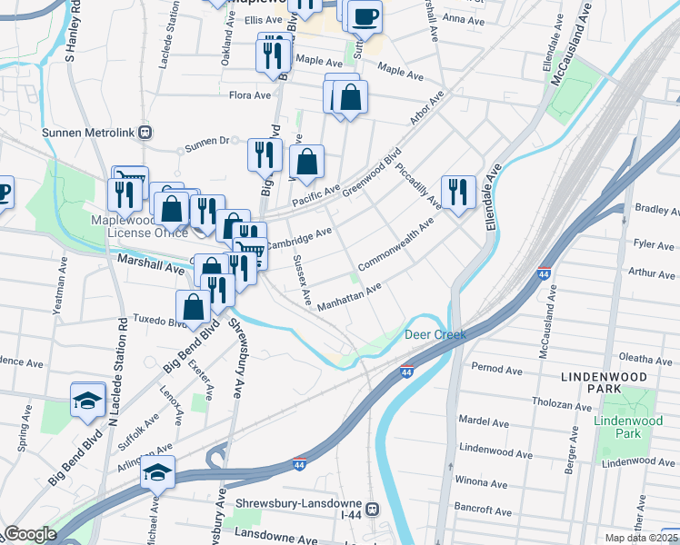 map of restaurants, bars, coffee shops, grocery stores, and more near 3611 Commonwealth Avenue in Maplewood