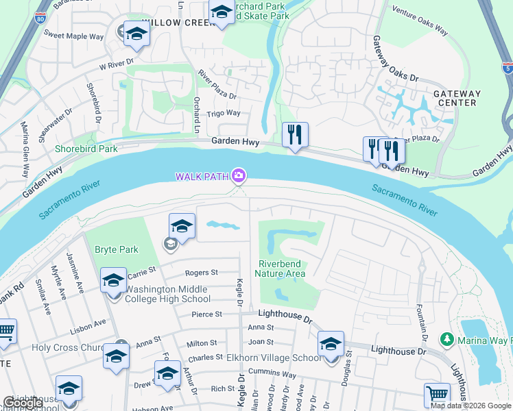 map of restaurants, bars, coffee shops, grocery stores, and more near 990 Fountain Drive in West Sacramento