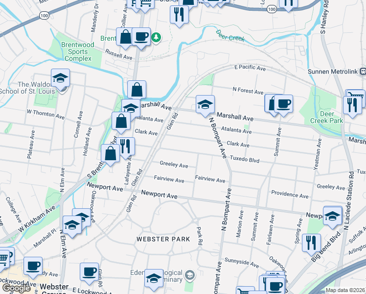 map of restaurants, bars, coffee shops, grocery stores, and more near 429 Tuxedo Boulevard in Webster Groves