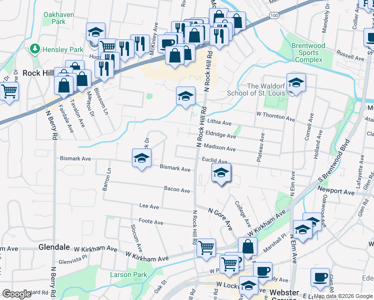 map of restaurants, bars, coffee shops, grocery stores, and more near 424 Lone Oak Drive in St. Louis