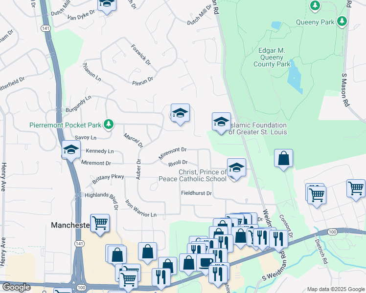 map of restaurants, bars, coffee shops, grocery stores, and more near 1215 Miremont Drive in Ballwin