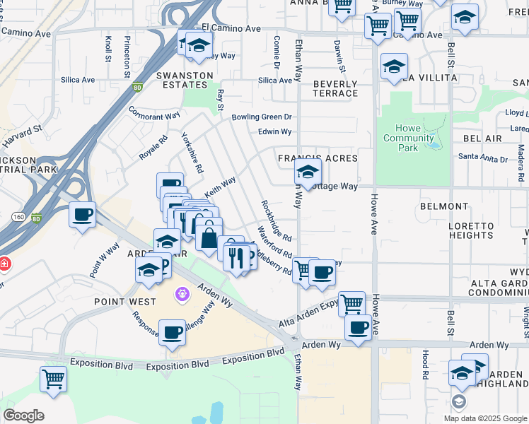 map of restaurants, bars, coffee shops, grocery stores, and more near 2005 Rockbridge Road in Sacramento