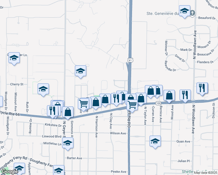 map of restaurants, bars, coffee shops, grocery stores, and more near 1286 Avery Court in Kirkwood