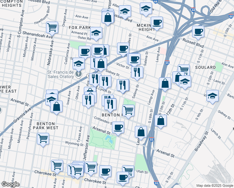 map of restaurants, bars, coffee shops, grocery stores, and more near 2117 Lynch Street in St. Louis