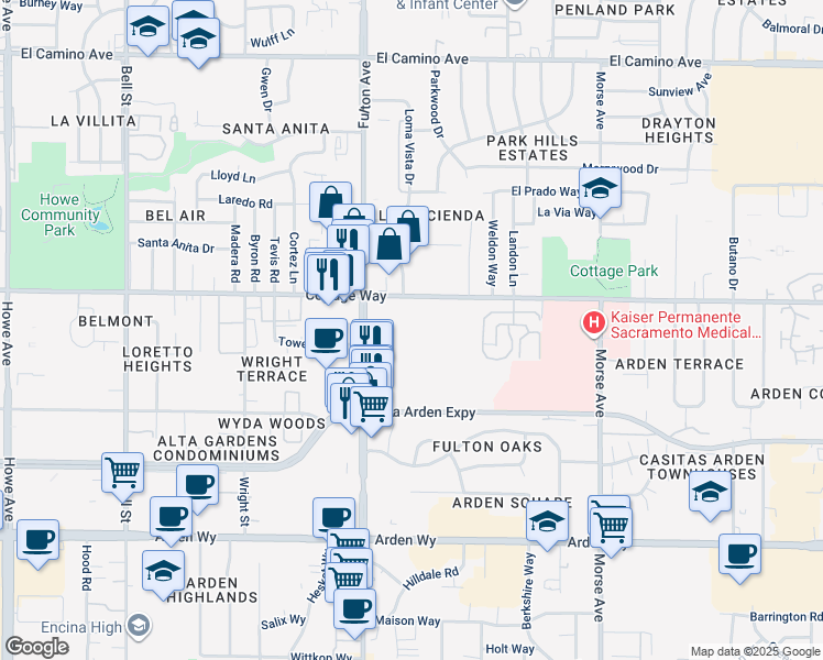 map of restaurants, bars, coffee shops, grocery stores, and more near 2666 Cottage Way in Sacramento