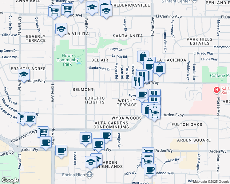 map of restaurants, bars, coffee shops, grocery stores, and more near 2011 Wright Street in Sacramento