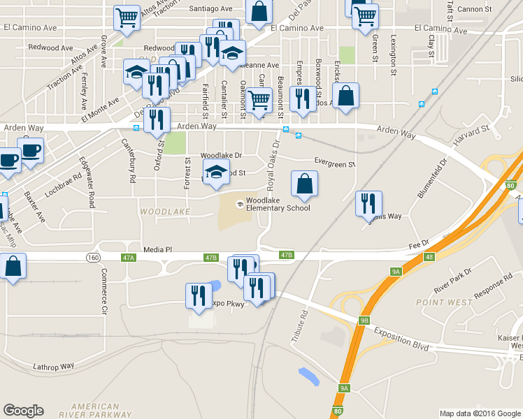 map of restaurants, bars, coffee shops, grocery stores, and more near 2059 Royal Oaks Drive in Sacramento