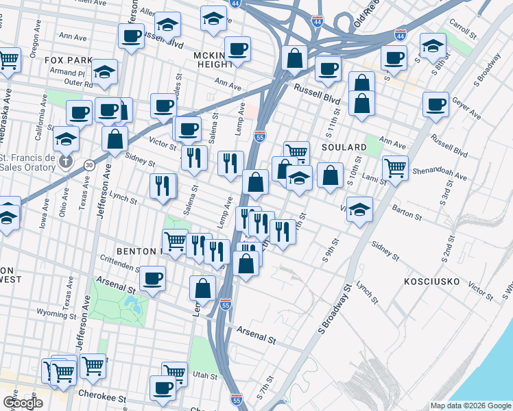map of restaurants, bars, coffee shops, grocery stores, and more near 1308 Sidney Street in St. Louis