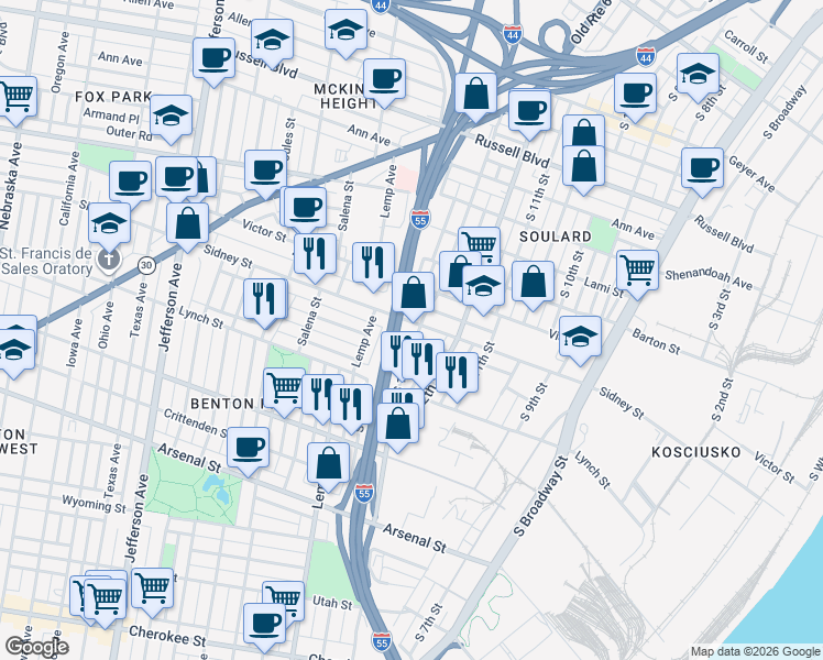 map of restaurants, bars, coffee shops, grocery stores, and more near 1308 Sidney Street in St. Louis