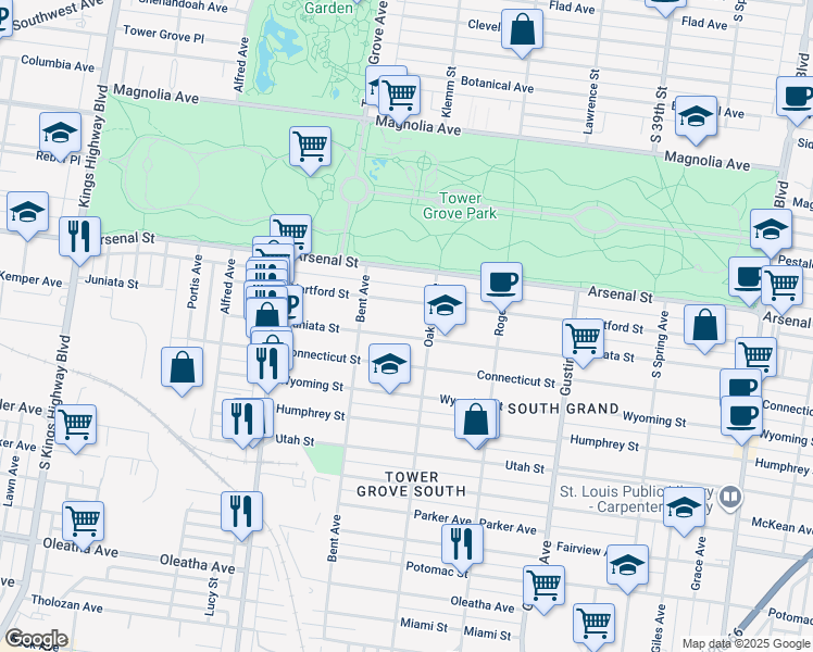 map of restaurants, bars, coffee shops, grocery stores, and more near 4127 Juniata Street in St. Louis