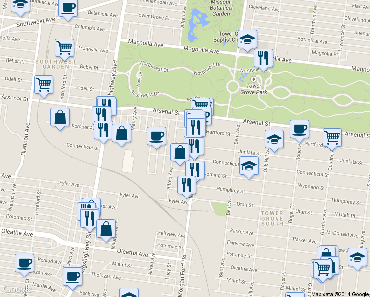 map of restaurants, bars, coffee shops, grocery stores, and more near 4326 Juniata Street in St. Louis