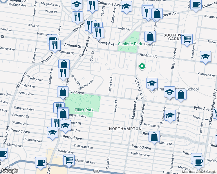 map of restaurants, bars, coffee shops, grocery stores, and more near 3252 Jasper Park in St. Louis