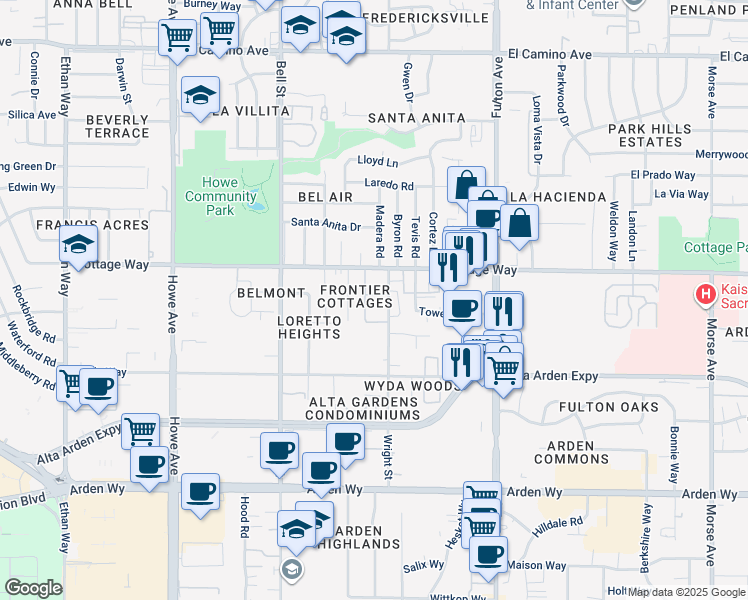 map of restaurants, bars, coffee shops, grocery stores, and more near 2011 Wright Street in Sacramento