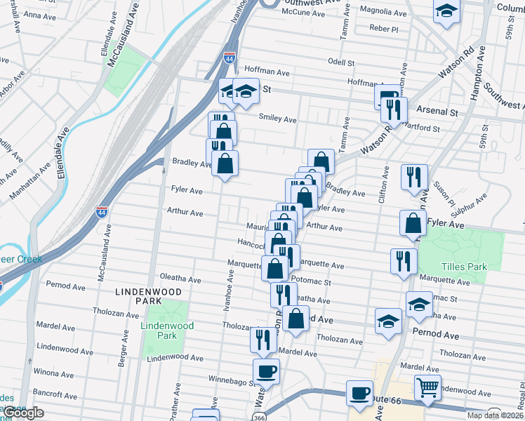 map of restaurants, bars, coffee shops, grocery stores, and more near 3320 Leola Avenue in St. Louis