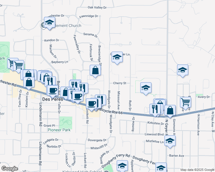 map of restaurants, bars, coffee shops, grocery stores, and more near 1231 Woodgate Drive in Kirkwood