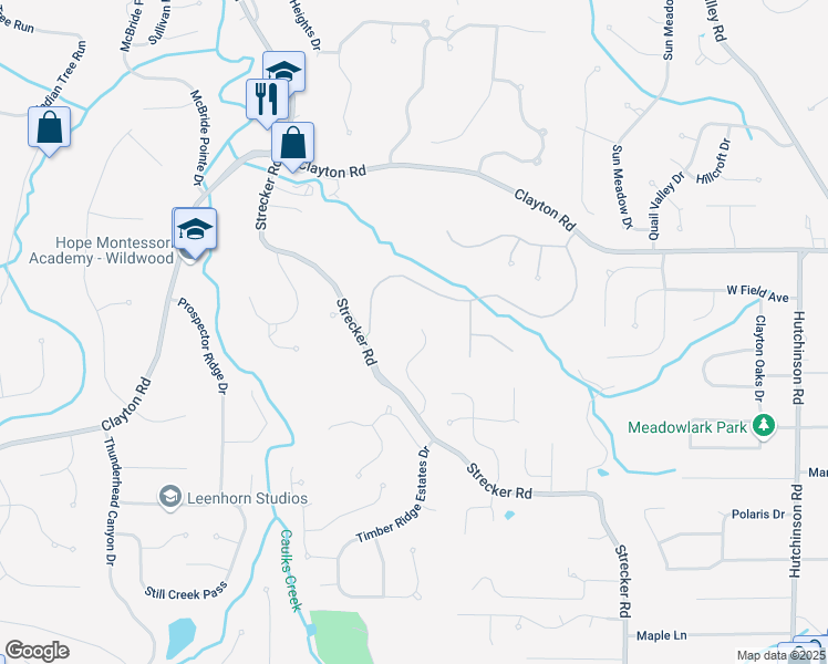 map of restaurants, bars, coffee shops, grocery stores, and more near 1509 Clayton Woods Court in Ballwin